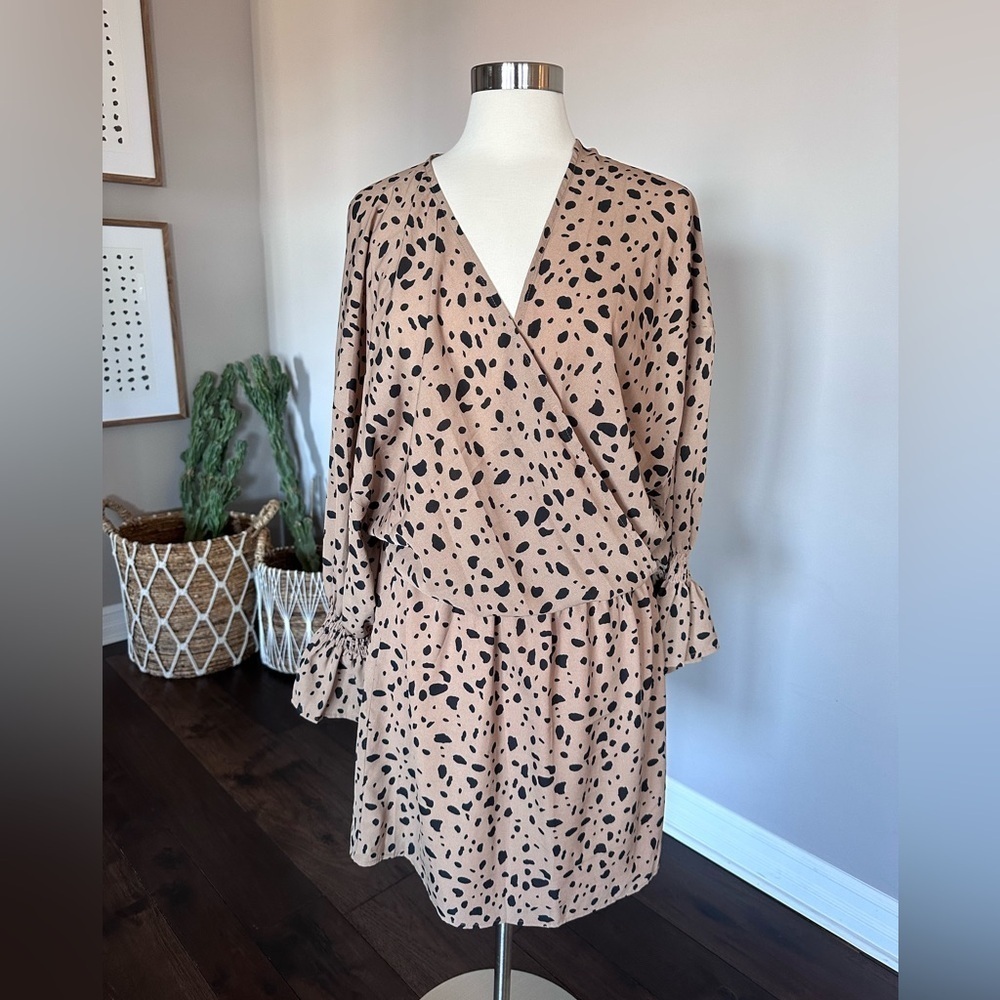 Boutique x Royal & Reese Wrap Midi Dress Leopard Long Sleeve Tan Fall Date Night